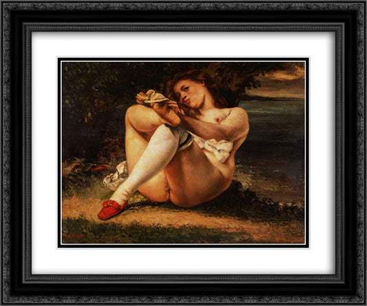 Woman with white stockings 24x20 Black Ornate Wood Framed Art Print Poster with Double Matting by Courbet, Gustave