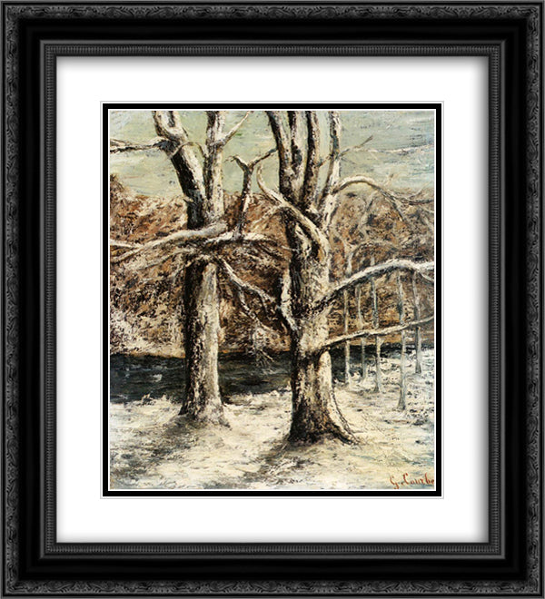 Woods in the Snow 20x22 Black Ornate Wood Framed Art Print Poster with Double Matting by Courbet, Gustave