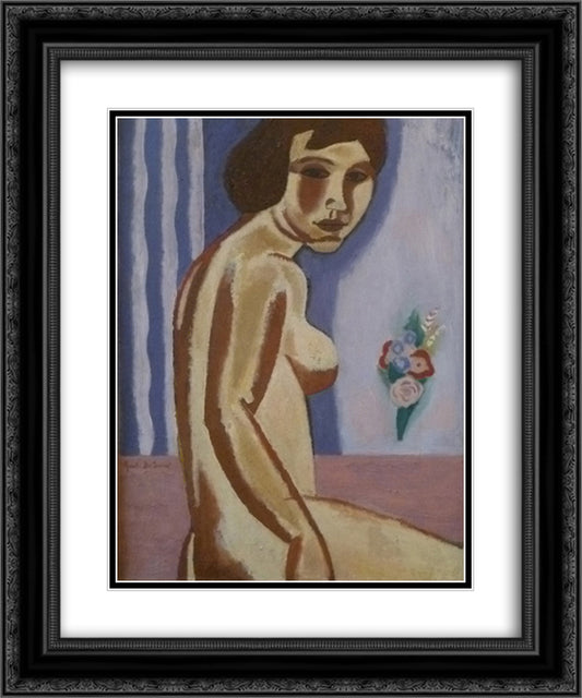 Naked woman with flower bouquet 20x24 Black Ornate Wood Framed Art Print Poster with Double Matting by Smet, Gustave de