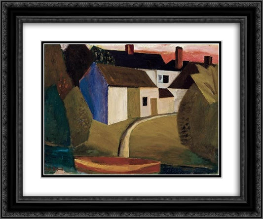 View of a village with a boat 24x20 Black Ornate Wood Framed Art Print Poster with Double Matting by Smet, Gustave de