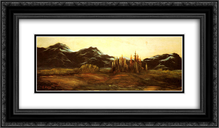 A Mountainous Landscape with A Balloon 24x14 Black Ornate Wood Framed Art Print Poster with Double Matting by Dore, Gustave