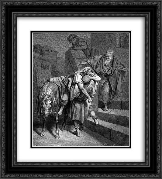 Arrival Of The Good Samaritan At The Inn 20x22 Black Ornate Wood Framed Art Print Poster with Double Matting by Dore, Gustave