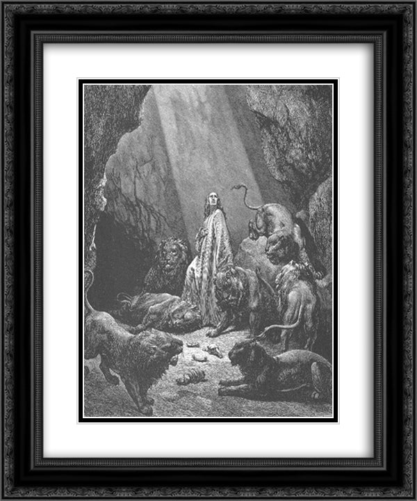 Daniel in the Den of Lions 20x24 Black Ornate Wood Framed Art Print Poster with Double Matting by Dore, Gustave