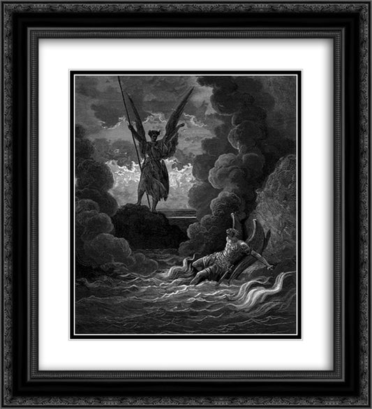 Forthwith upright he rears from off the pool His mighty stature 20x22 Black Ornate Wood Framed Art Print Poster with Double Matting by Dore, Gustave