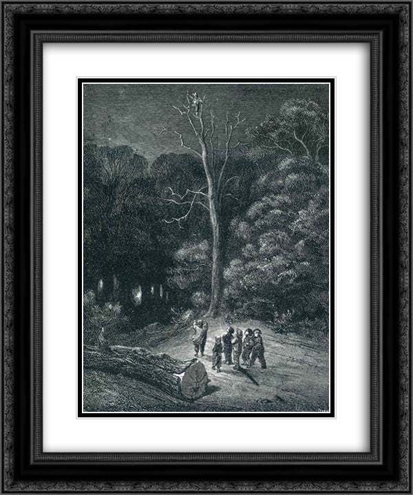 Hop O My Thumb Climbs to the Top of a Tall Tree to See What He Can See 20x24 Black Ornate Wood Framed Art Print Poster with Double Matting by Dore, Gustave