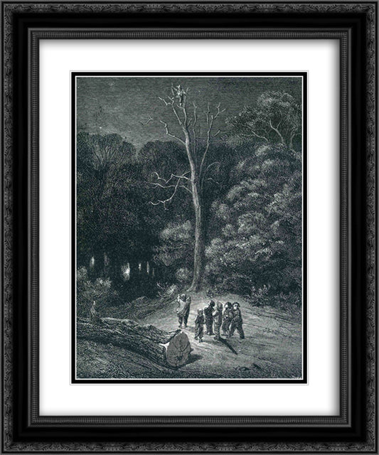 Hop O My Thumb Climbs to the Top of a Tall Tree to See What He Can See 20x24 Black Ornate Wood Framed Art Print Poster with Double Matting by Dore, Gustave