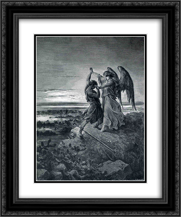 Jacob Wrestling with the Angel 20x24 Black Ornate Wood Framed Art Print Poster with Double Matting by Dore, Gustave
