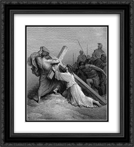 Jesus Falling Beneath The Cross 20x22 Black Ornate Wood Framed Art Print Poster with Double Matting by Dore, Gustave