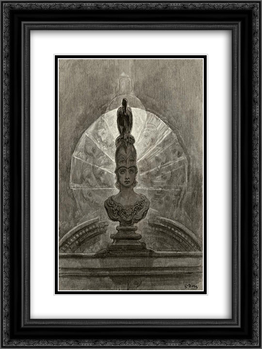 Perched upon a bust of Pallas 18x24 Black Ornate Wood Framed Art Print Poster with Double Matting by Dore, Gustave