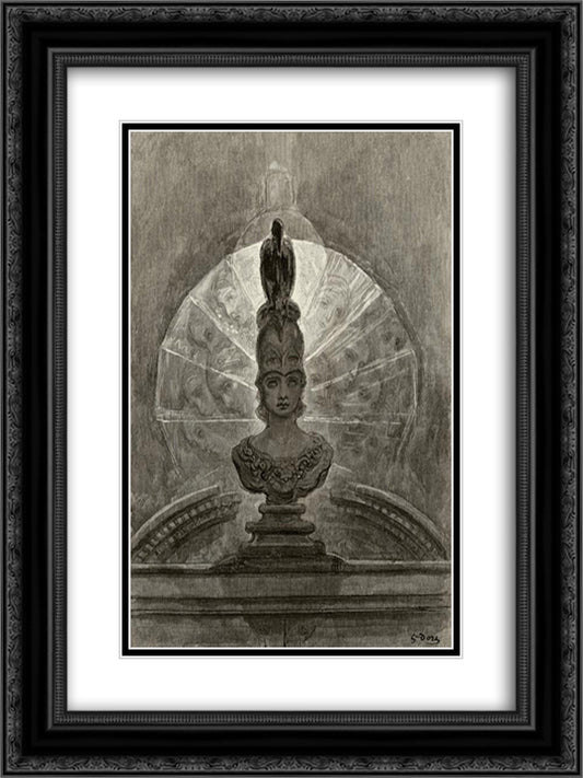 Perched upon a bust of Pallas 18x24 Black Ornate Wood Framed Art Print Poster with Double Matting by Dore, Gustave