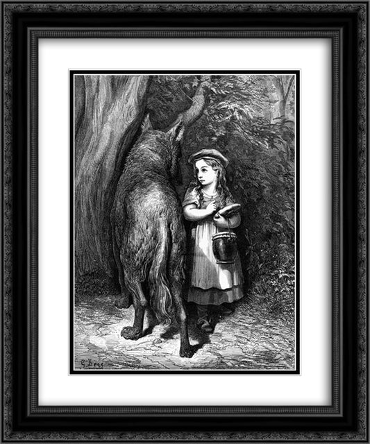 Red Riding Hood meets old Father Wolf 20x24 Black Ornate Wood Framed Art Print Poster with Double Matting by Dore, Gustave