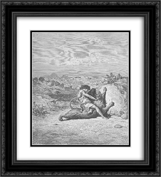 Samson Slays a Lion 20x22 Black Ornate Wood Framed Art Print Poster with Double Matting by Dore, Gustave