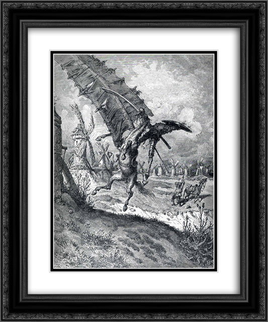 The Adventure with the Windmills 20x24 Black Ornate Wood Framed Art Print Poster with Double Matting by Dore, Gustave