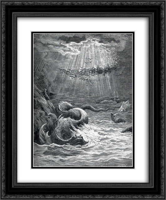 The Creation of Fish and Birds 20x24 Black Ornate Wood Framed Art Print Poster with Double Matting by Dore, Gustave