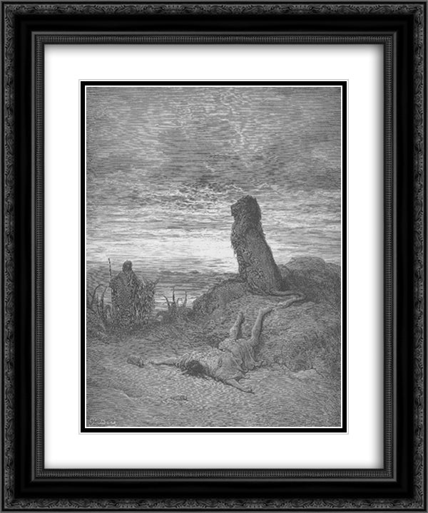 The Disobedient Prophet Is Slain by a Lion 20x24 Black Ornate Wood Framed Art Print Poster with Double Matting by Dore, Gustave