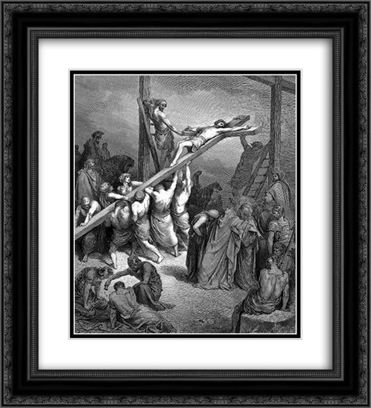 The Erection Of The Cross 20x22 Black Ornate Wood Framed Art Print Poster with Double Matting by Dore, Gustave