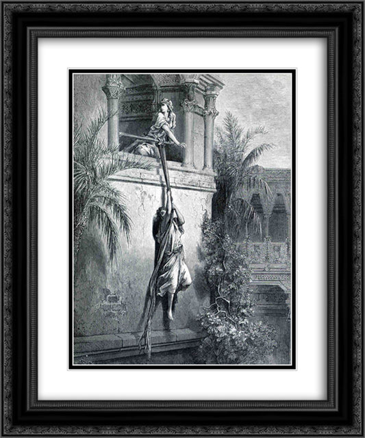 The Escape of David through the Window 20x24 Black Ornate Wood Framed Art Print Poster with Double Matting by Dore, Gustave