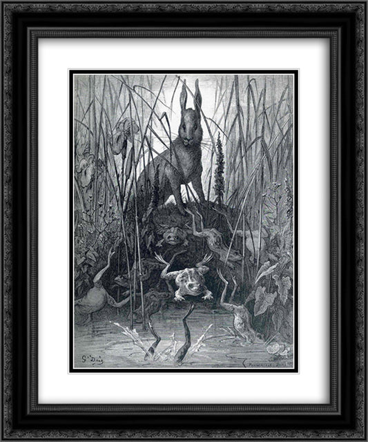 The Hare and the Frogs 20x24 Black Ornate Wood Framed Art Print Poster with Double Matting by Dore, Gustave