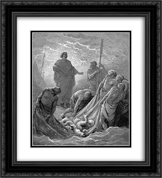 The Miraculous Draught Of Fishes 20x22 Black Ornate Wood Framed Art Print Poster with Double Matting by Dore, Gustave