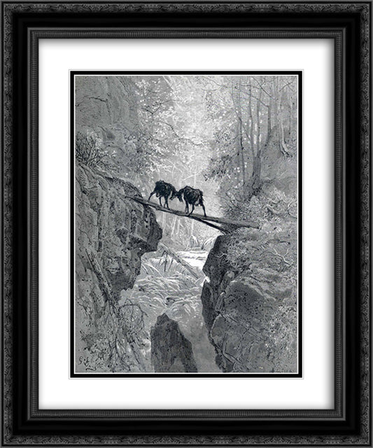 The Two Goats 20x24 Black Ornate Wood Framed Art Print Poster with Double Matting by Dore, Gustave