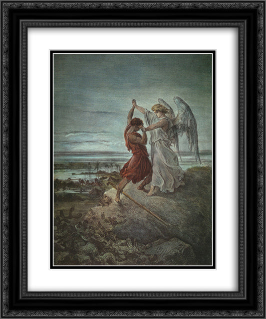 The wrestle of Jacob 20x24 Black Ornate Wood Framed Art Print Poster with Double Matting by Dore, Gustave
