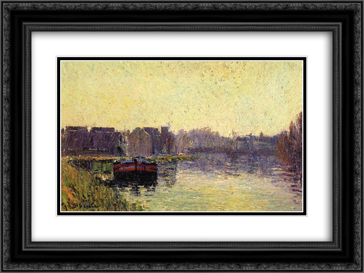 Barges on the Oise 24x18 Black Ornate Wood Framed Art Print Poster with Double Matting by Loiseau, Gustave