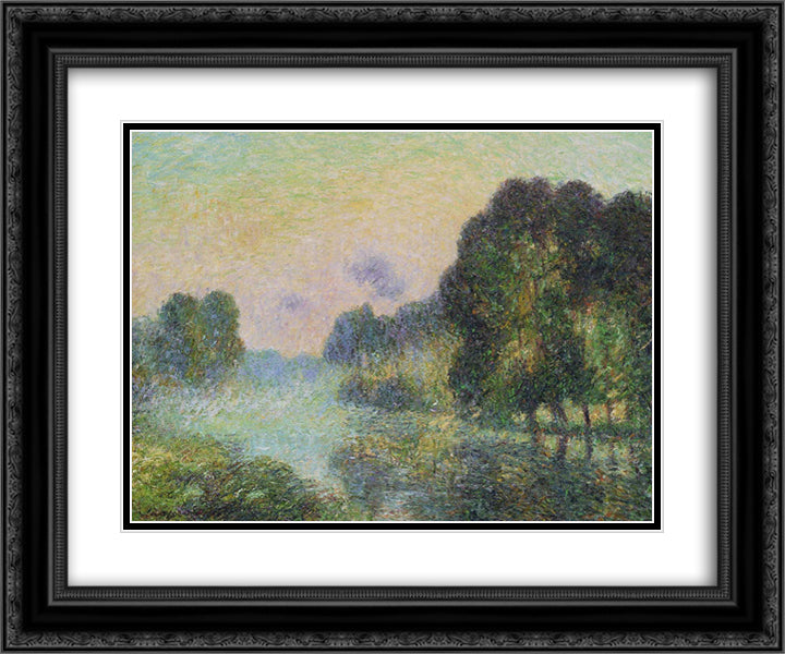 By the Eure River Fog Effect 24x20 Black Ornate Wood Framed Art Print Poster with Double Matting by Loiseau, Gustave