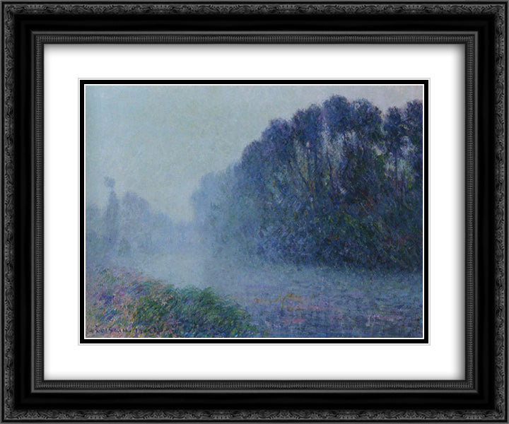 By the Eure River Mist Effect 24x20 Black Ornate Wood Framed Art Print Poster with Double Matting by Loiseau, Gustave