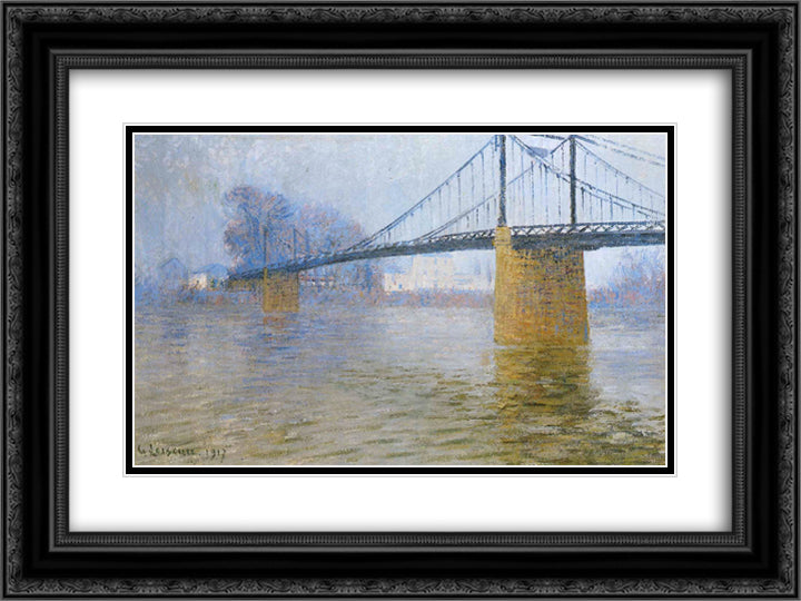 Suspended bridge at Triel 24x18 Black Ornate Wood Framed Art Print Poster with Double Matting by Loiseau, Gustave