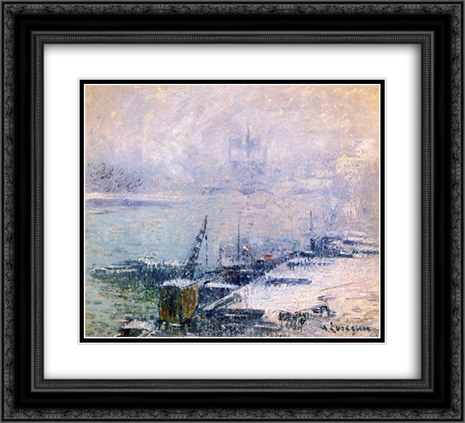 The Pont Henri IV Notre Dame de Paris in the Snow 22x20 Black Ornate Wood Framed Art Print Poster with Double Matting by Loiseau, Gustave