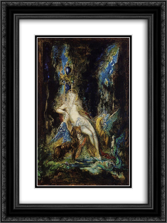 Fairy and Griffon 18x24 Black Ornate Wood Framed Art Print Poster with Double Matting by Moreau, Gustave