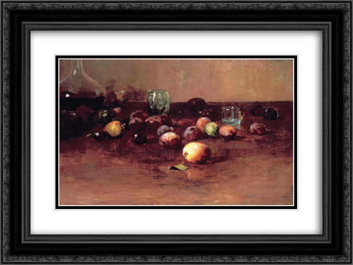 Plums, Waterglass and Peaches 24x18 Black Ornate Wood Framed Art Print Poster with Double Matting by Rose, Guy