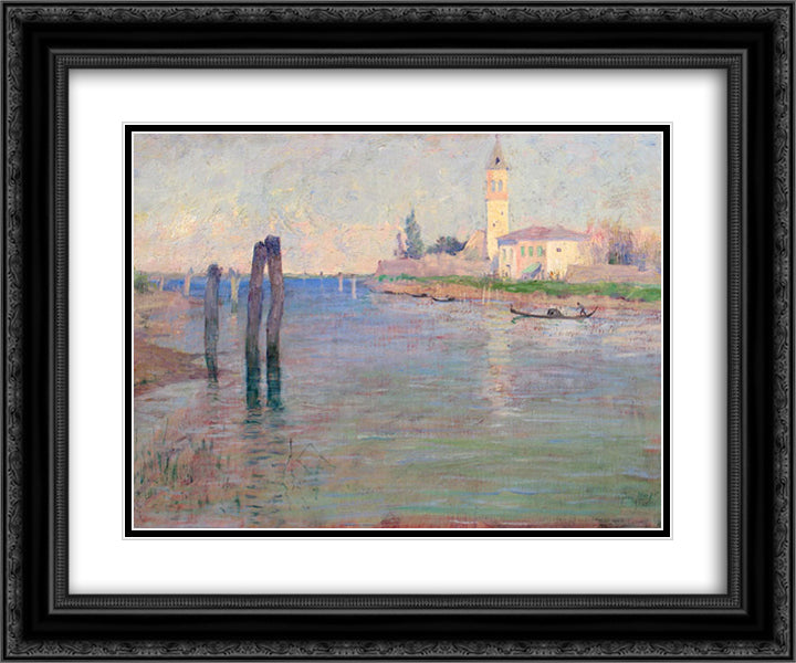 The Gondolier, Venice 24x20 Black Ornate Wood Framed Art Print Poster with Double Matting by Rose, Guy