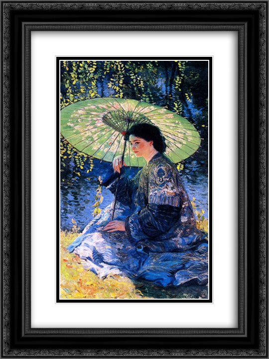The Green Parasol 18x24 Black Ornate Wood Framed Art Print Poster with Double Matting by Rose, Guy