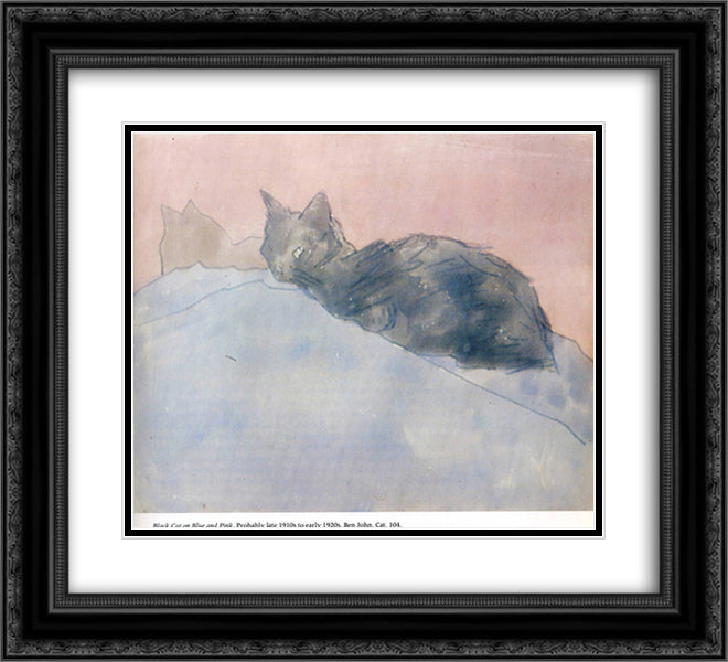 Black Cat on Blue and Pink 22x20 Black Ornate Wood Framed Art Print Poster with Double Matting by John, Gwen