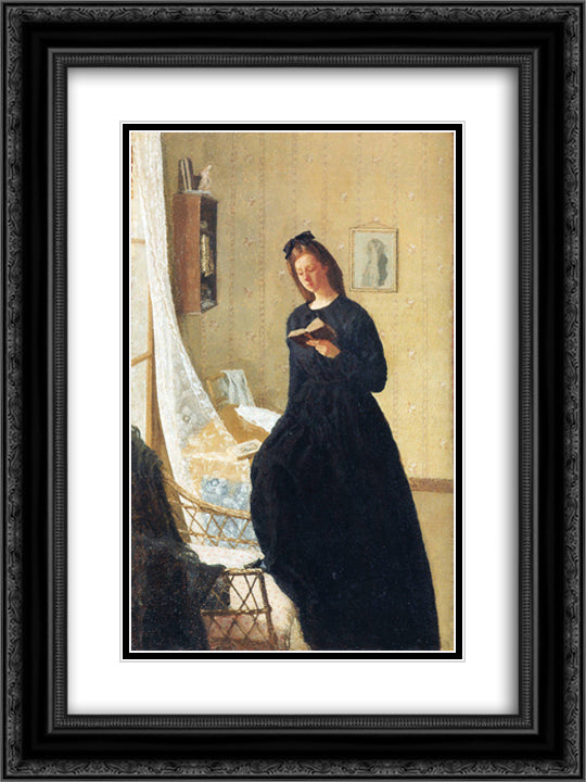 Girl Reading at the Window 18x24 Black Ornate Wood Framed Art Print Poster with Double Matting by John, Gwen