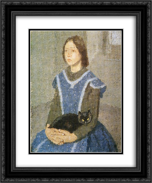 Girl With Cat 20x24 Black Ornate Wood Framed Art Print Poster with Double Matting by John, Gwen