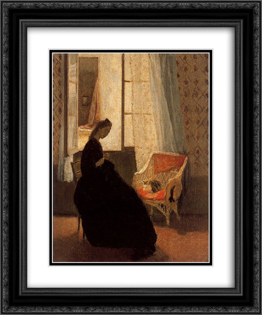 Woman Sewing at a Window 20x24 Black Ornate Wood Framed Art Print Poster with Double Matting by John, Gwen