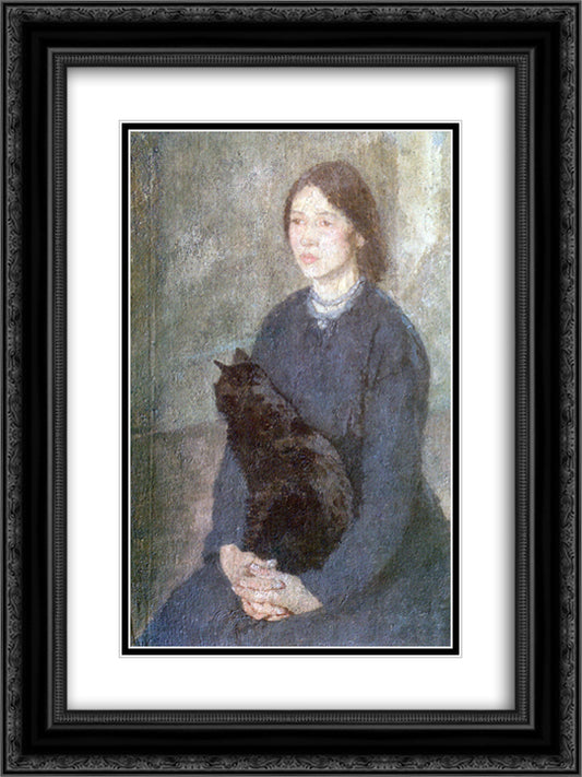 Young Woman Holding a Black Cat 18x24 Black Ornate Wood Framed Art Print Poster with Double Matting by John, Gwen