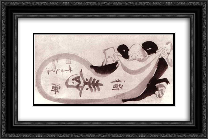 Hotei with his Treasure Bag 24x16 Black Ornate Wood Framed Art Print Poster with Double Matting by Hakuin, Ekaku