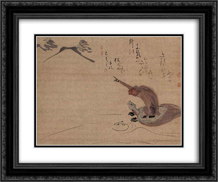Monkey and Tortoise 24x20 Black Ornate Wood Framed Art Print Poster with Double Matting by Hakuin, Ekaku