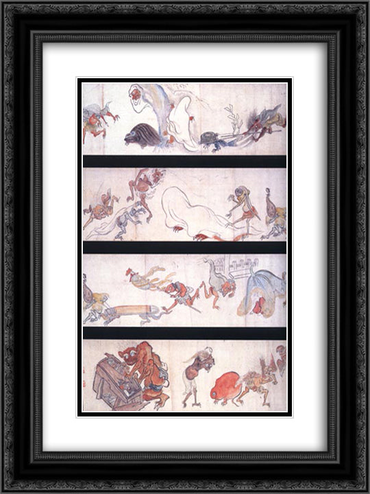 One Hundred Demons 18x24 Black Ornate Wood Framed Art Print Poster with Double Matting by Hakuin, Ekaku