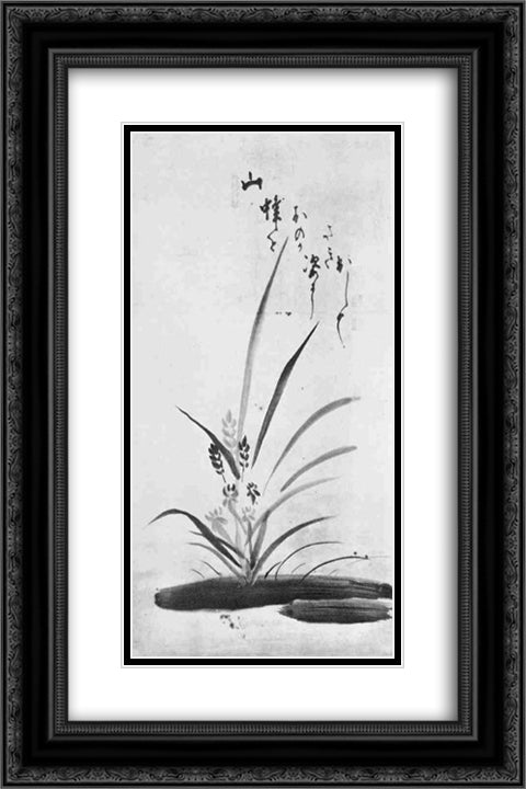 Orchid and Bee 16x24 Black Ornate Wood Framed Art Print Poster with Double Matting by Hakuin, Ekaku