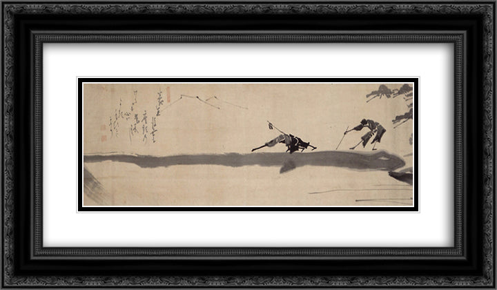 Two Blind Men Crossing a Log Bridge 24x14 Black Ornate Wood Framed Art Print Poster with Double Matting by Hakuin, Ekaku