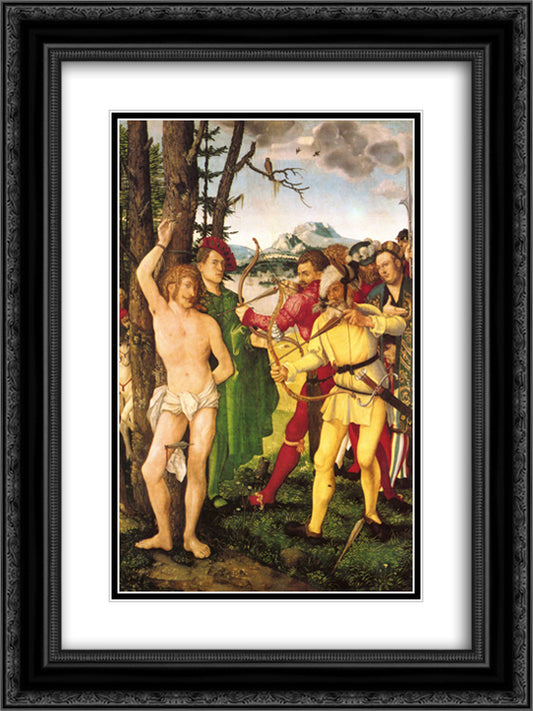 Altarpiece with The Martyrdom of St. Sebastian 18x24 Black Ornate Wood Framed Art Print Poster with Double Matting by Baldung, Hans