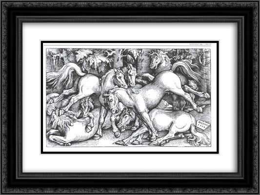 Group of Seven Wild Horses 24x18 Black Ornate Wood Framed Art Print Poster with Double Matting by Baldung, Hans