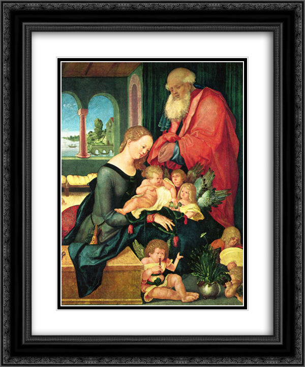 Holy Family in the room with five angels 20x24 Black Ornate Wood Framed Art Print Poster with Double Matting by Baldung, Hans