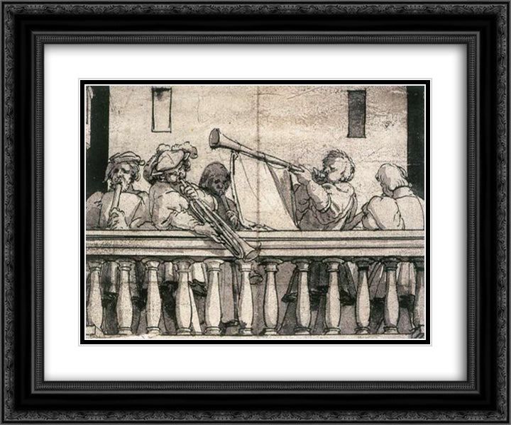 Musicians on a Balcony 24x20 Black Ornate Wood Framed Art Print Poster with Double Matting by Holbein the Younger, Hans