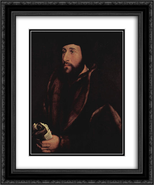 Portrait of a man with a letter and gloves 20x24 Black Ornate Wood Framed Art Print Poster with Double Matting by Holbein the Younger, Hans