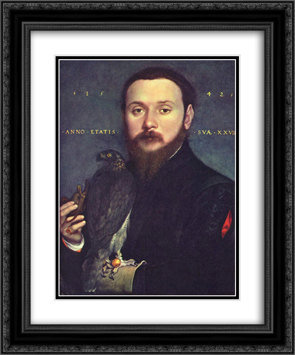 Portrait of Nobleman with a falcon 20x24 Black Ornate Wood Framed Art Print Poster with Double Matting by Holbein the Younger, Hans